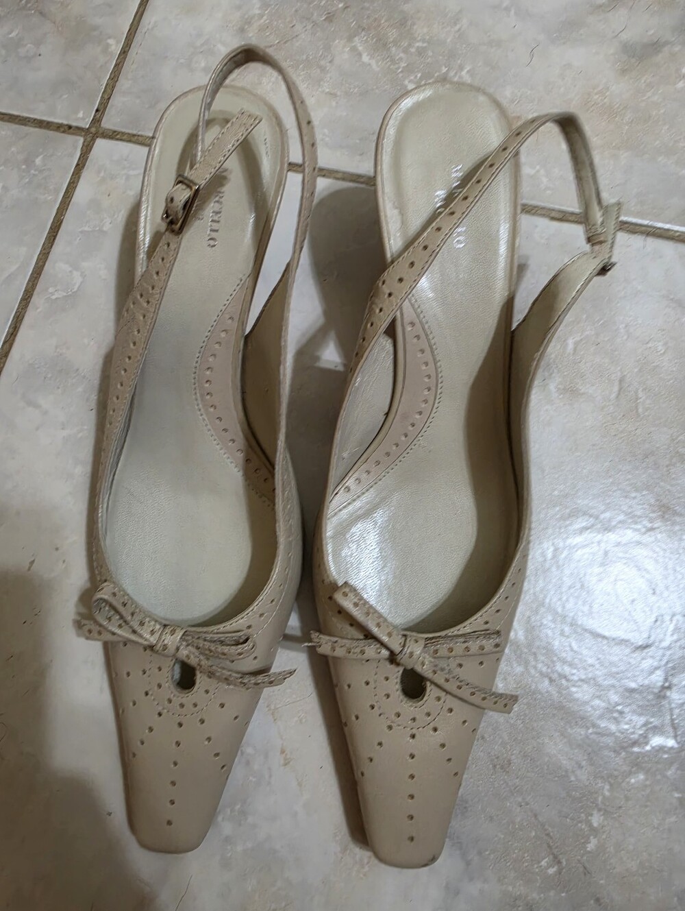 Beige Slingback Pointed-Toe Flats with Bow